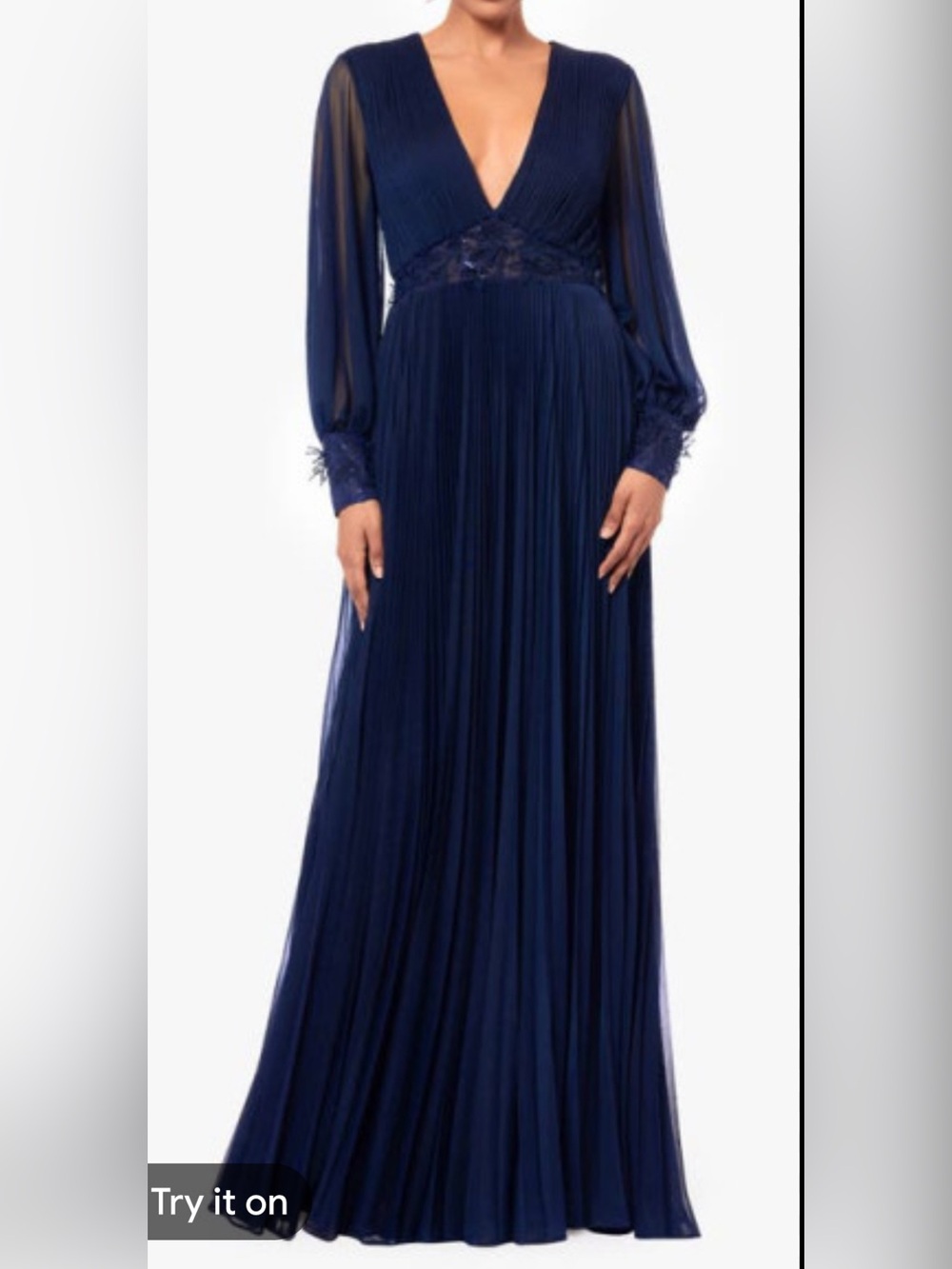 Betsy & Adam Navy Long-Sleeve V-Neck Pleated Maxi Dress